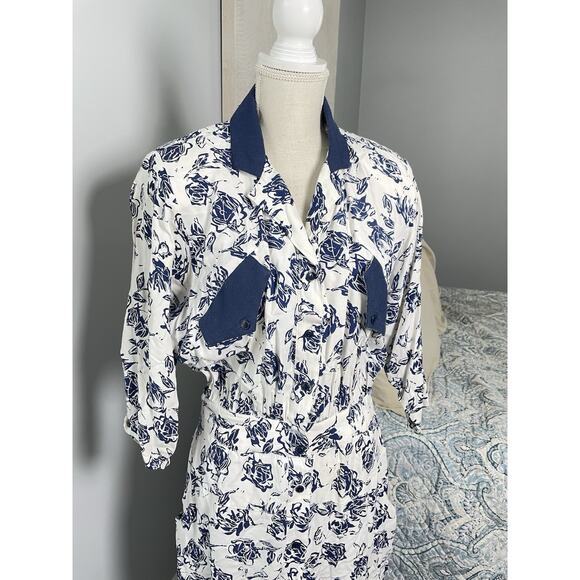 Vintage 80s Midi Shirt Dress Navy Floral Old Money Natutical Cottagecore Prep 12 - Picture 2 of 16